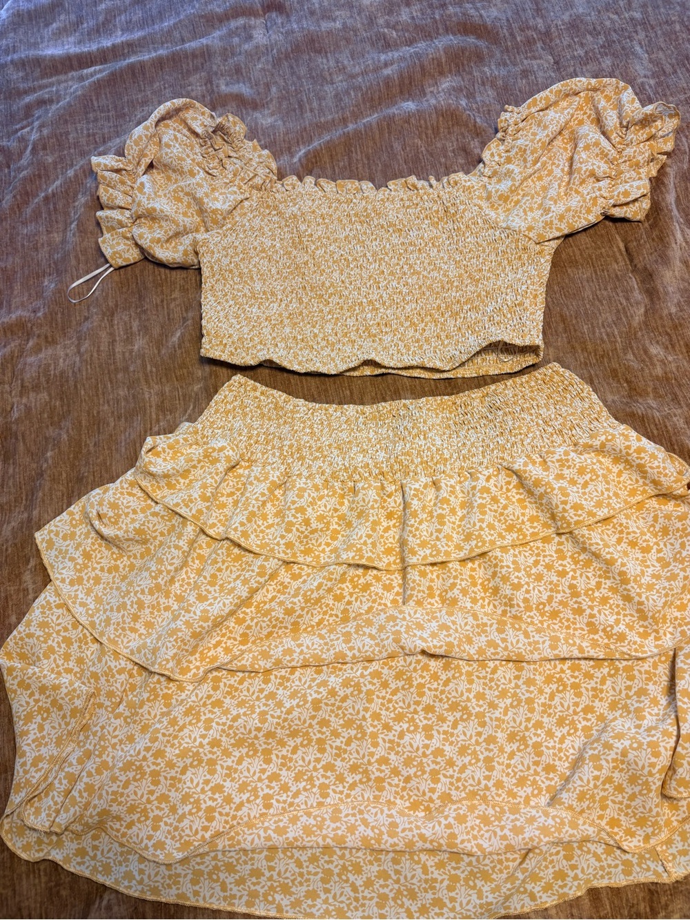 Pink Lily Yellow & White Smocked Crop Top and Skirt Set